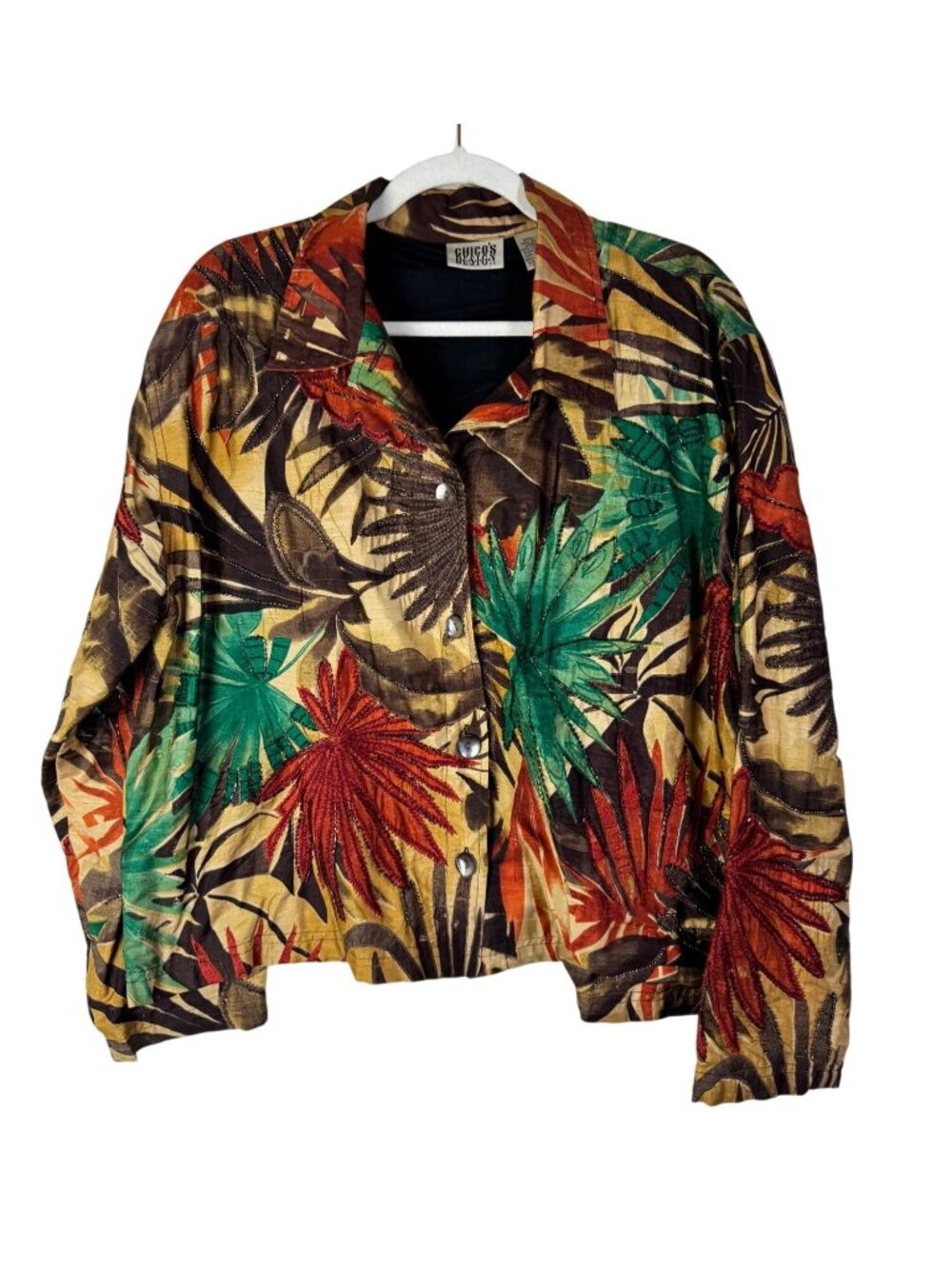 Chicos‎ Design Tropical Embroidered Silk Jacket Size XL Multicolor Button Front